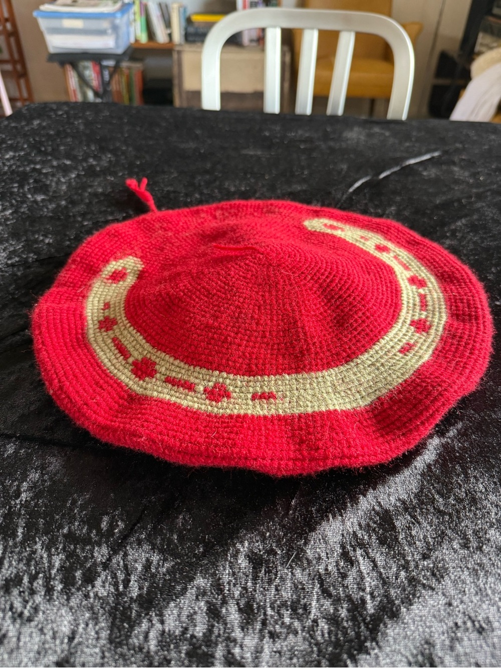 Unisex Red Knit Boina / Beret with Cream Accent